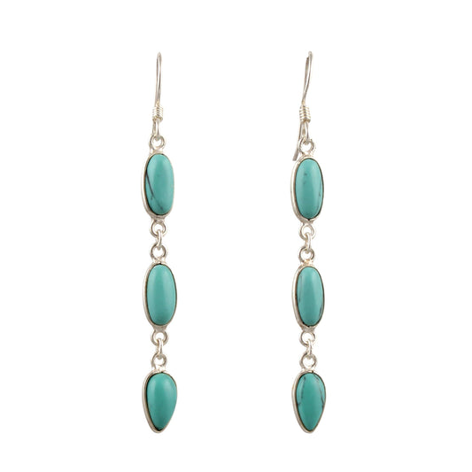 Trio Turquoise Dangle Earrings Handmade 925 Sterling Silver Bezel Setting Lightweight Ethnic Earrings