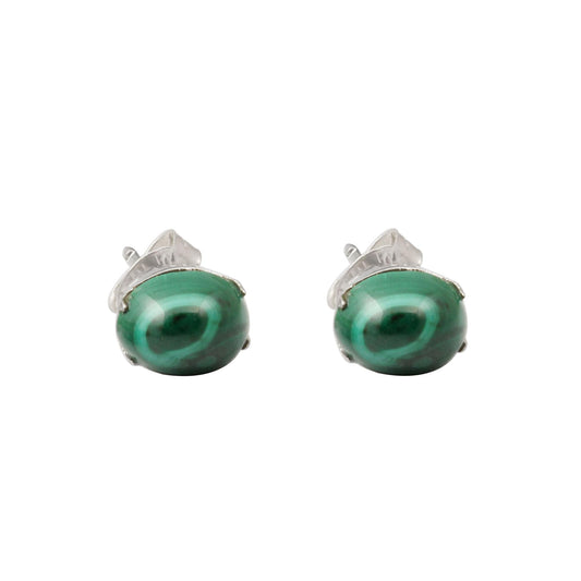Natural Malachite Gemstone Stud Earrings Prong Set 925 Sterling Silver Handmade Oval Shape Stone Earrings