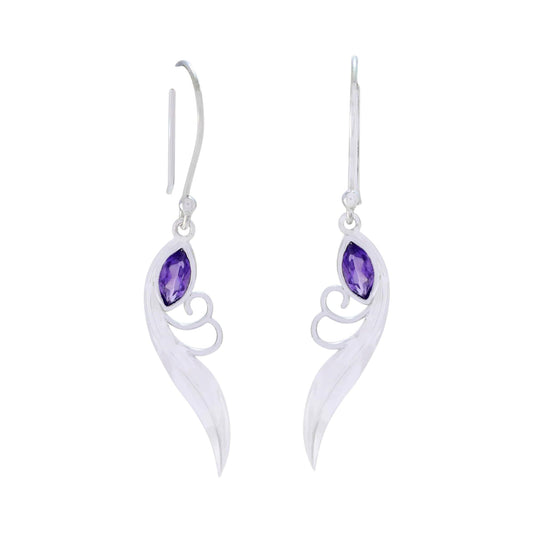 Natural Amethyst Feather Dangle Earring Handmade 925 Silver Sterling Earrings Jewelry