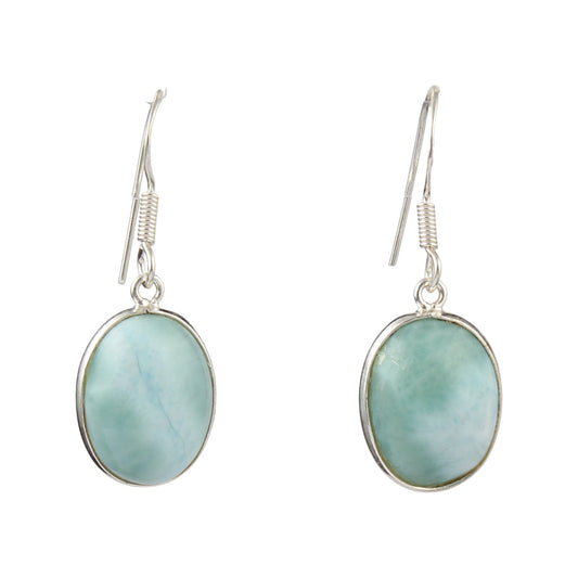 Natural Larimar Gemstone Earrings Handmade Oval Shape Dangle 925 Sterling Silver Bezel Setting Earrings (14x10mm Oval)