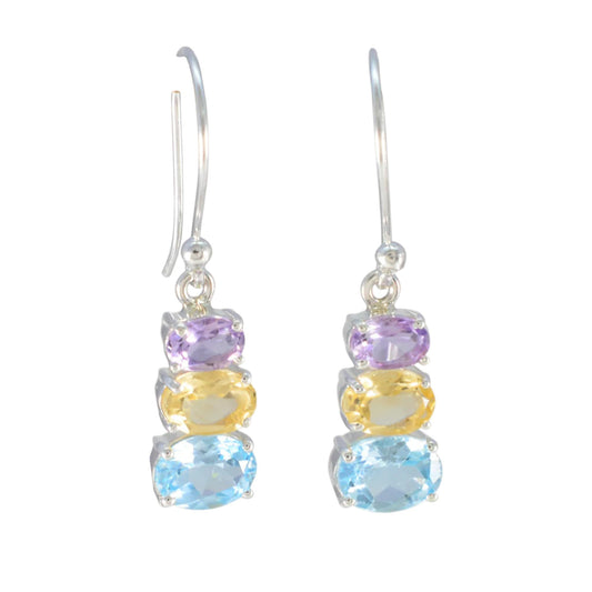 Three Birthstone Dangle Earring Multicolor Handmade 925 Sterling Silver Prong Setting Earrings