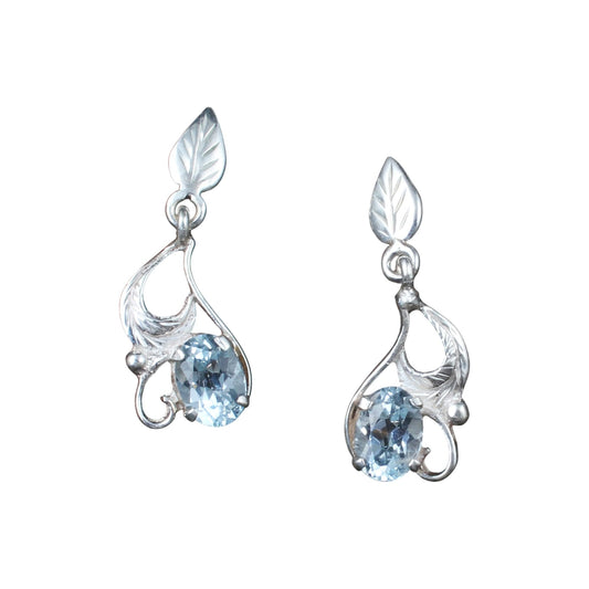 Natural Blue Topaz Earrings with Leaf Charm Handmade 925 Sterling Silver Lightweight Dangle Prong Setting Earrings