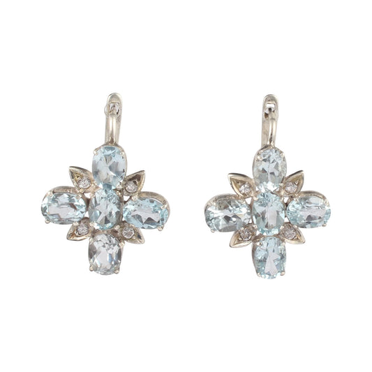 Blue Topaz Floral Earrings with CZ Studded Handmade Prong Setting Designer Natural Faceted Gemstone Earrings
