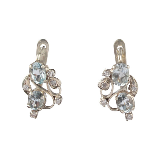 Blue Topaz Floral Earrings with CZ Studded Handmade Prong Setting Designer Natural Faceted Gemstone Earrings Jewelry