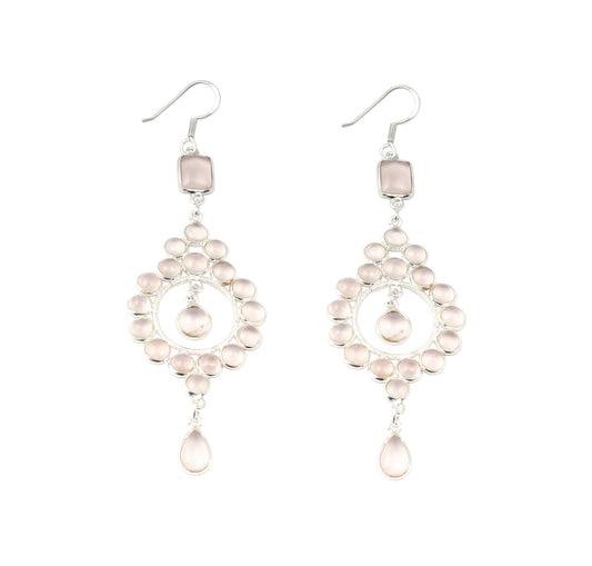 Long Dangle Multi Rose Quartz Gemstone Silver Earrings Pink Stone Jewelry Gift Birthstone Dangle Earrings Dainty Silver Earring