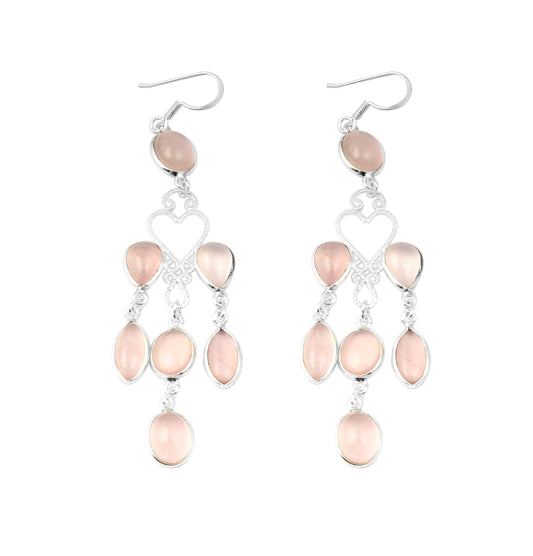 Long Dangle Multi Rose Quartz Gemstone Silver Earrings Pink Crystal Jewelry Gift Birthstone Dangle Earrings Dainty Sterling Silver Earring