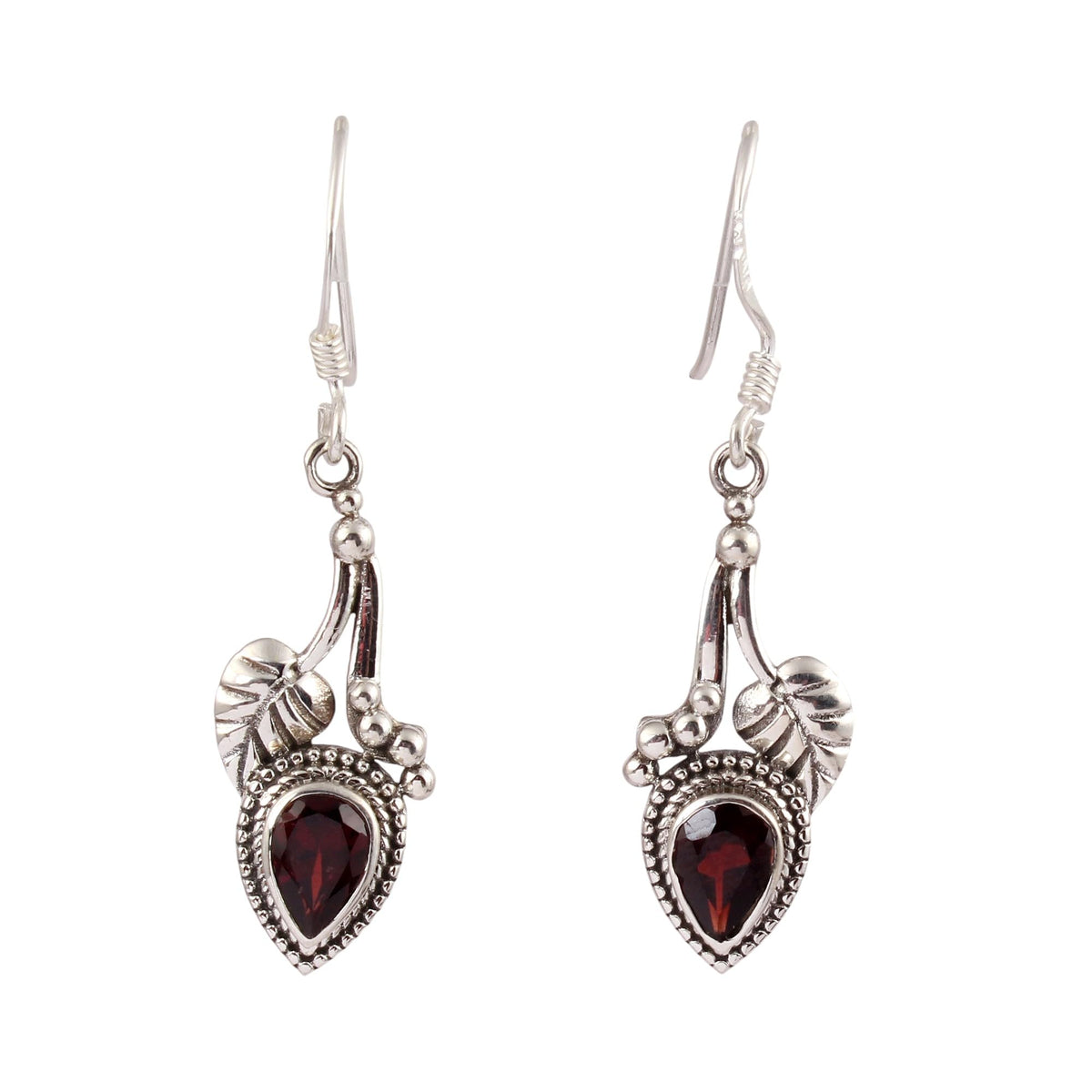 Garnet Earrings with Leaf Charm Handmade Natural Gemstone 925 Sterling Silver Dangle Earrings Jewelry