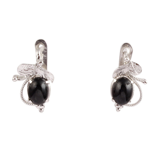 Black Star Earrings Handmade Prong Setting Designer Leaf 925 Sterling Silver Earrings with Russian Lock