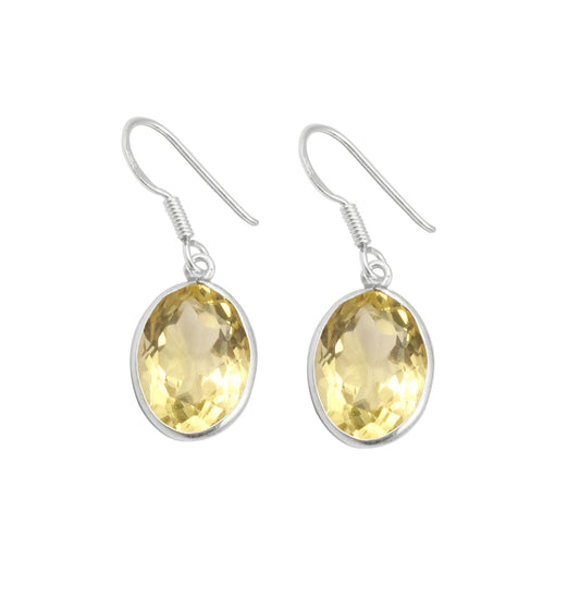 Natural Lemon Topaz 925 Sterling Silver Earrings Oval Shape Faceted Gemstone Bezel Setting Earrings