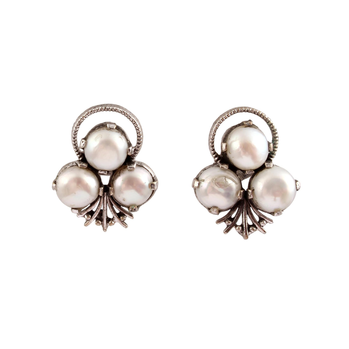 White Pearl Floral Earrings Handmade 925 Sterling Silver Prong Setting Natural Freshwater Pearl Studs