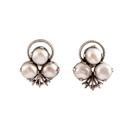 White Pearl Floral Earrings Handmade 925 Sterling Silver Prong Setting Natural Freshwater Pearl Studs