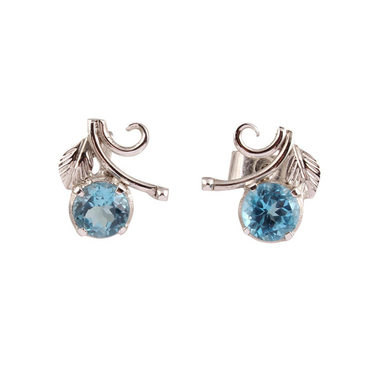 Blue Topaz Stud Earrings Minimalist Leaf Charm Faceted Round Gemstone 925 Sterling Silver Tiny Stud Jewelry