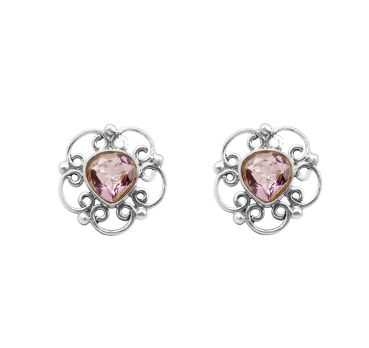 Heart Amethyst Floral Stud Earrings in 925 Sterling Silver Handmade Designer Faceted Gemstone Earrings