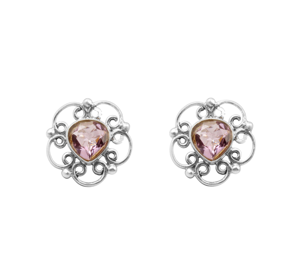Heart Amethyst Floral Stud Earrings in 925 Sterling Silver Handmade Designer Faceted Gemstone Earrings Unique Artisan Jewelry