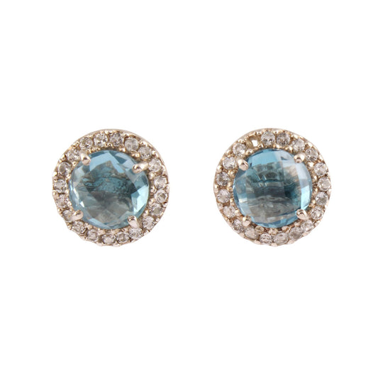 Checker Cut Blue Topaz Earrings with CZ Studded Handmade 925 Sterling Silver Prong Setting Round Faceted Gemstone Earrings