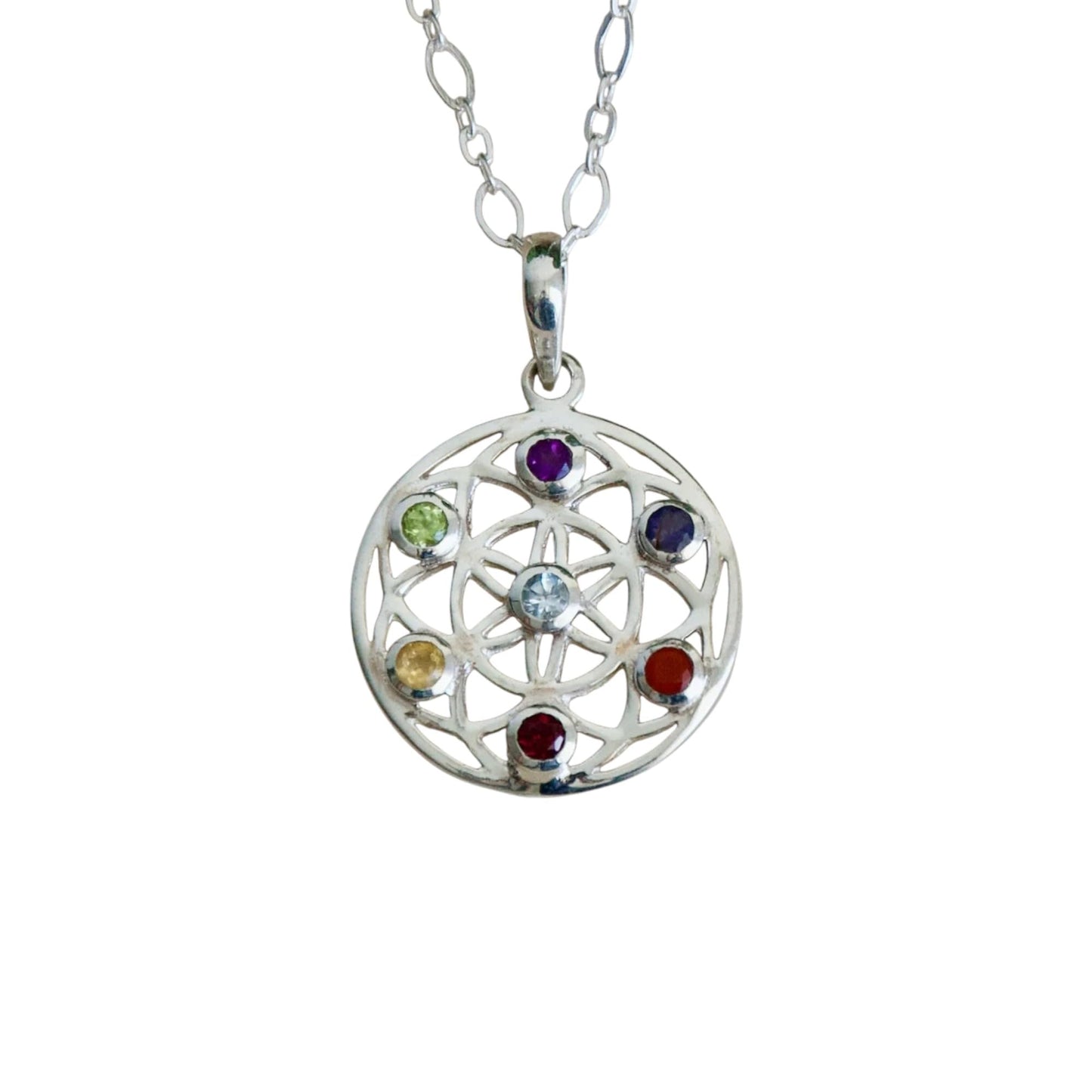 Flower Of Life Chakra Pendant Natural 7 Gemstone Chakra Healing Spiritual Yoga Jewelry 925 Sterling Silver Rainbow Reiki Charm Gift