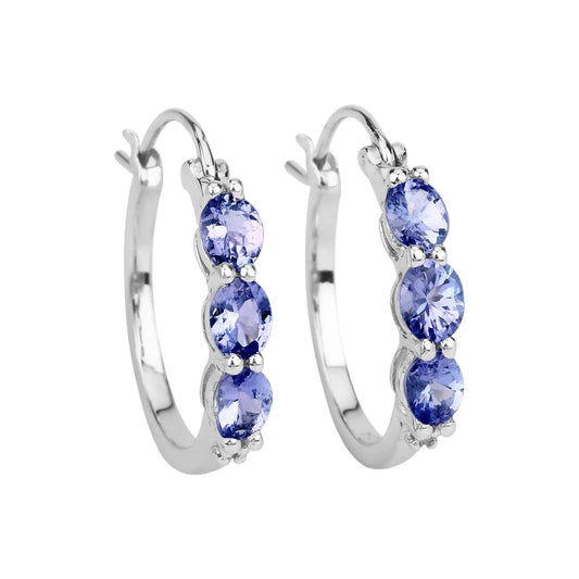 Tanzanite Earrings Natural Tanzanite 3-Stone Hinged Hoop Earrings in 925 Sterling Silver December Birthstone