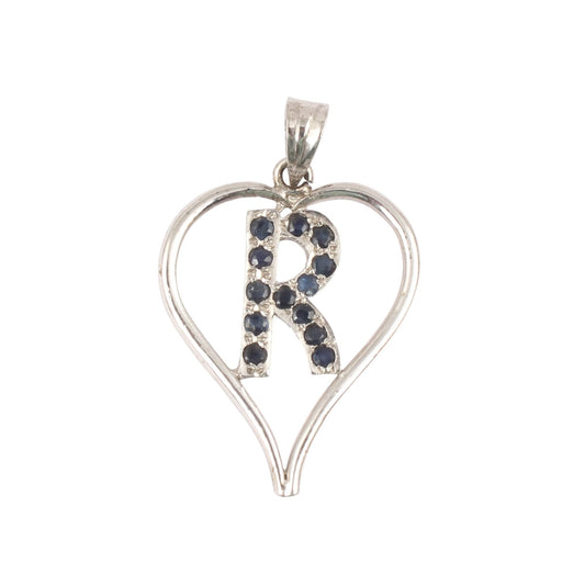 925 Sterling Silver Initial Letter R with Blue Sapphire Studded Natural Gemstone Heart Shape Charm Pendant