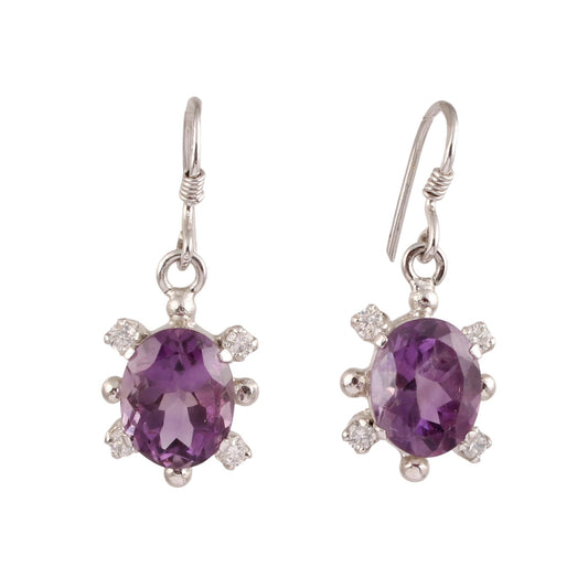 Natural Amethyst CZ Studded Earrings Handmade Prong Setting 925 Sterling Silver French Ear Wire Earrings