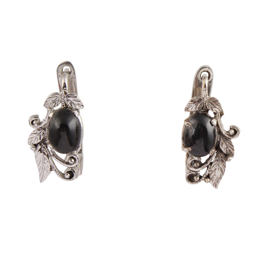Black Star Earrings Handmade Prong Setting Designer Leaf Charm 925 Sterling Silver Earrings with Russian Lock