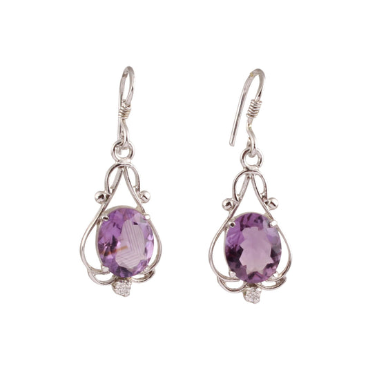 Natural Amethyst CZ Studded Earrings Handmade Prong Setting 925 Sterling Silver Dangle Earrings Jewelry