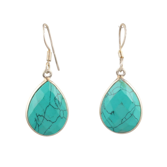 Checker Cut Turquoise Dangle Earrings Handmade 925 Sterling Silver Bezel Setting Earrings