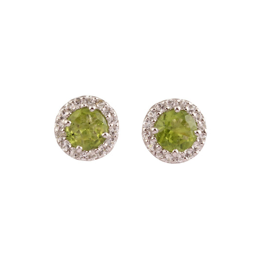 Peridot Stud Earrings with CZ Studded Handmade 925 Sterling Silver Prong Setting Unique Artisan Earrings