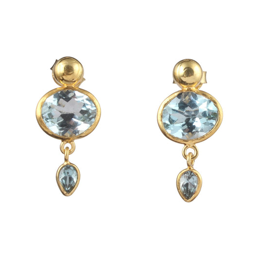 Blue Topaz Earrings Handmade Yellow Gold Overlay 925 Sterling Silver Natural Faceted Gemstone Earrings Jewelry