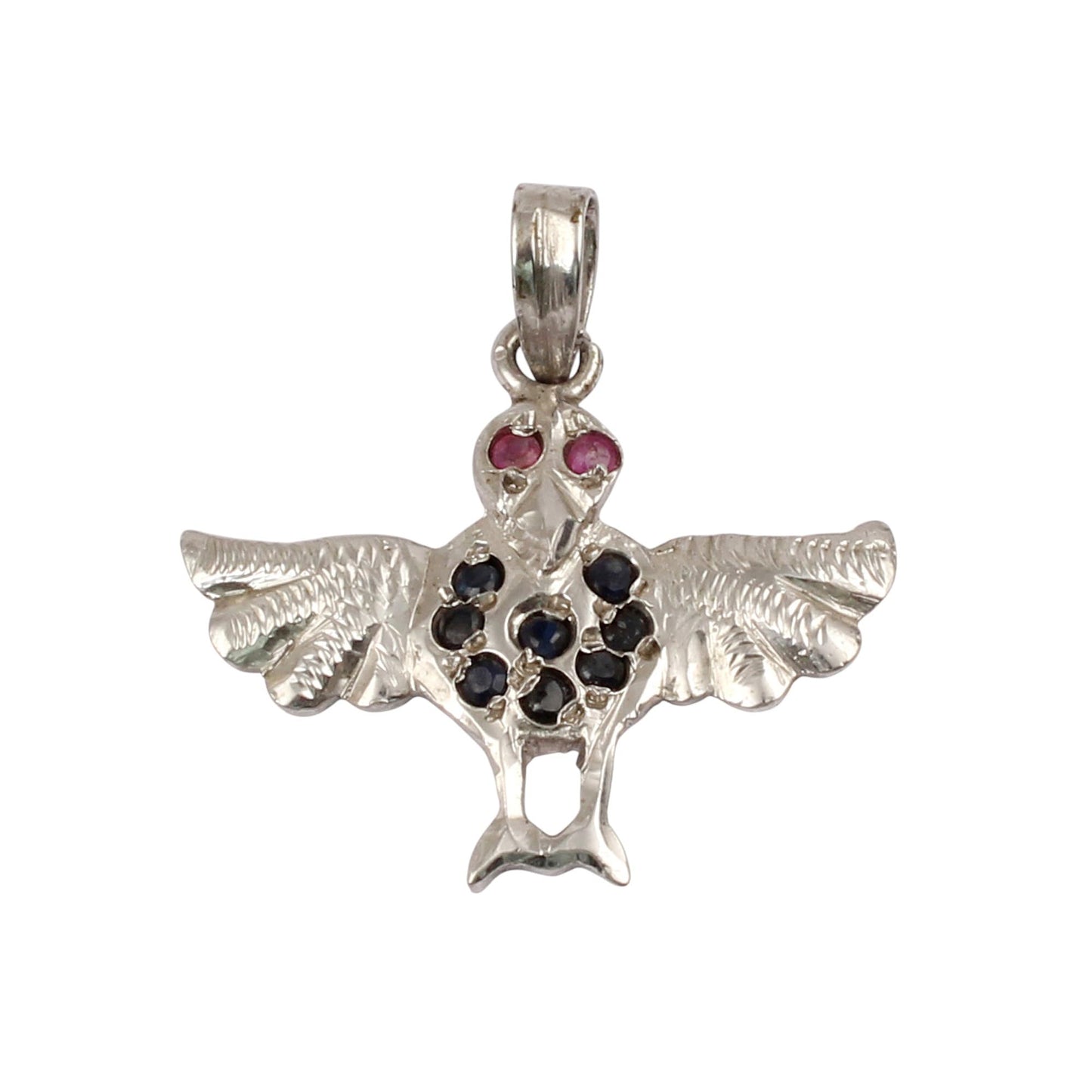 Ruby Eye Flying Bird Pendant with Blue Sapphire Handmade 925 Sterling Silver Natural Gemstone Pendant