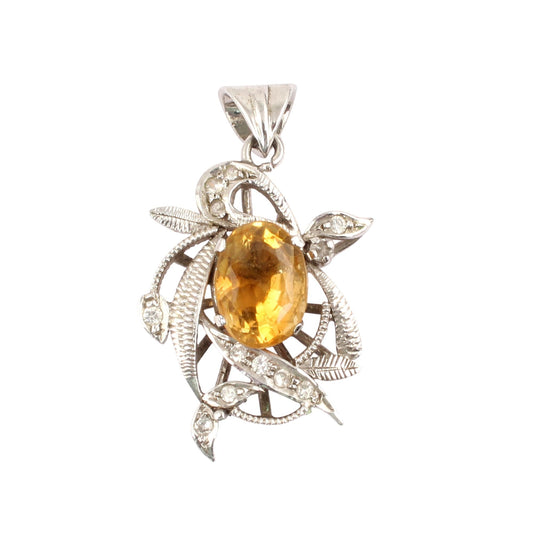 Natural Citrine Pendant with CZ Studded Unique Artisan Handmade 925 Sterling Silver Prong Setting Pendant