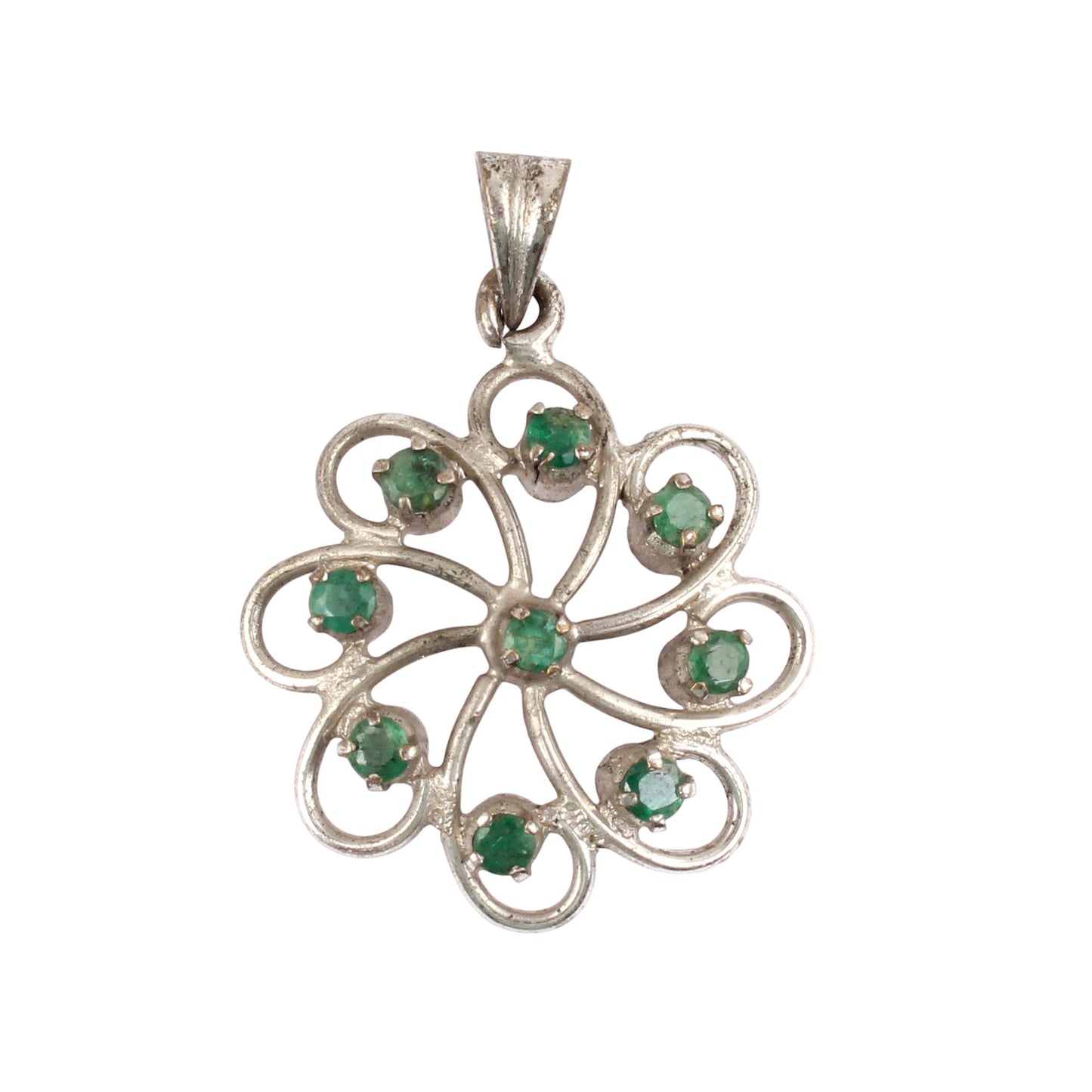Floral Natural Emerald Pendant Handmade Prong Setting 925 Sterling Silver Round Emerald Jewelry