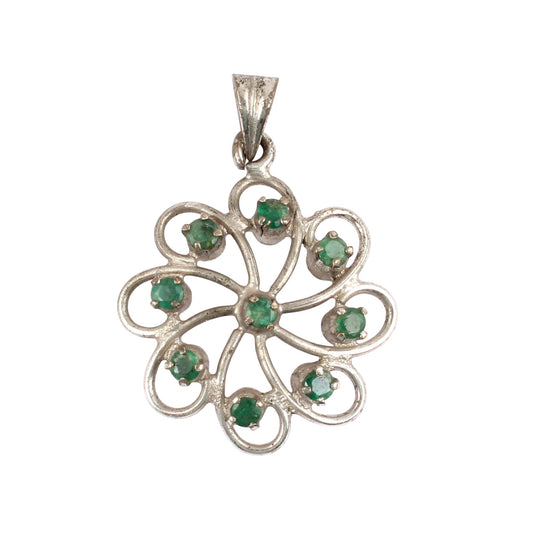 Floral Natural Emerald Pendant Handmade Prong Setting 925 Sterling Silver Round Emerald Jewelry