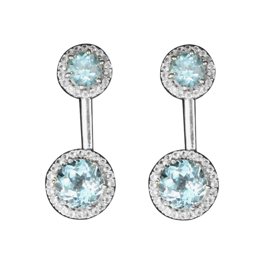 Natural Blue Topaz Earrings with CZ 925 Sterling Silver Handmade Cluster Gemstone Dangle Jewelry