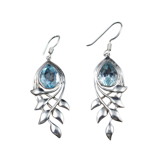 Leaf Charm Natural Blue Topaz Earrings Handmade 925 Sterling Silver Dangle Gemstone Earrings Jewelry