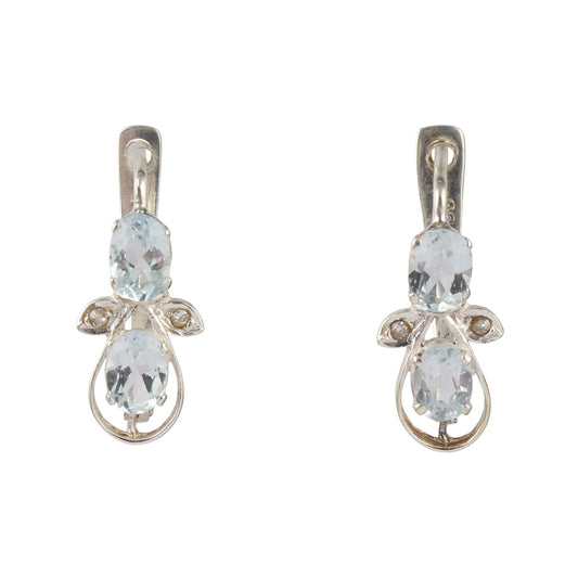 Graceful Blue Topaz Drop Earrings with Leaf Accents in 925 Sterling Silver Handmade Prong Setting Earrings