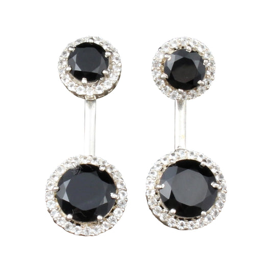 Black Onyx Earrings with CZ 925 Sterling Silver Handmade Cluster Double Gemstone Dangle Earrings Jewelry