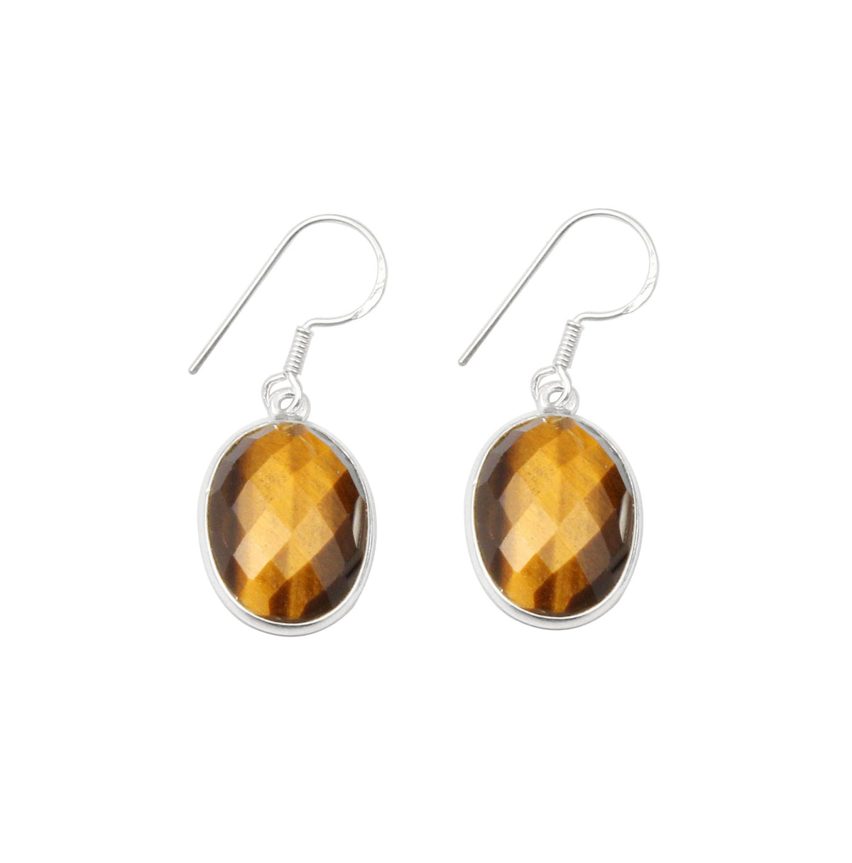Natural Tiger's Eye 925 Sterling Silver Earrings Oval Shape Faceted Gemstone Bezel Setting Earrings