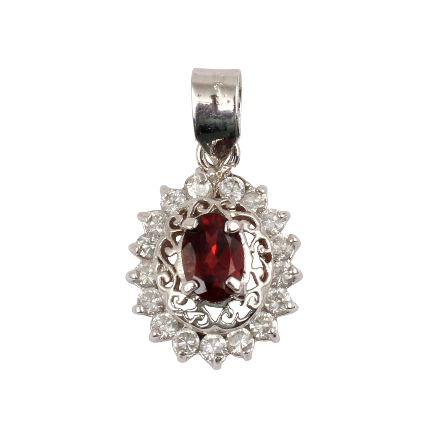 Red Garnet & Cubic Zirconia Pendant Handmade 925 Sterling Silver Prong Setting Faceted Gemstone Pendant