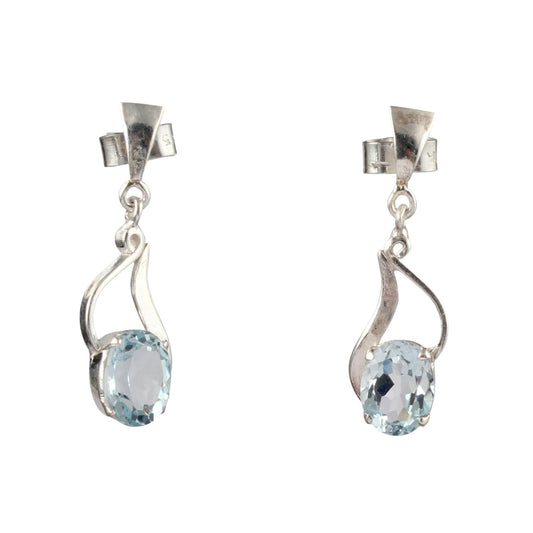 Designer Charm Earrings with Blue Oval Topaz Stone Handmade Prong Setting 925 Sterling Silver Jewelry