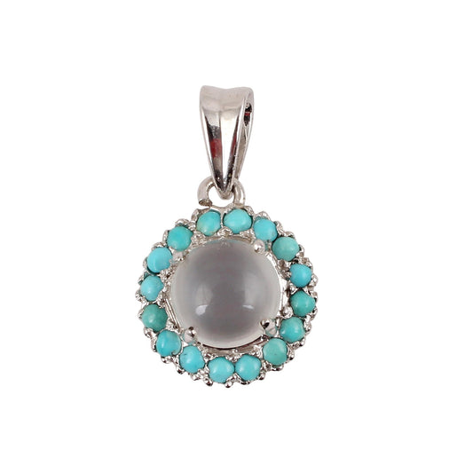 Natural Cats Eye Pendant Surrounded with Turquoise Handmade Prong Setting 925 Sterling Silver Jewelry