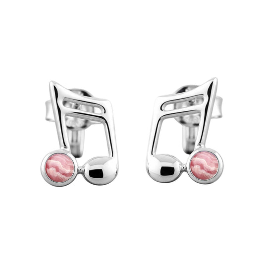 Music Note Gemstone Earrings Handcrafted 925 Sterling Silver Music Charm Stud Earrings (1, Sterling Silver, Rhodochrosite)