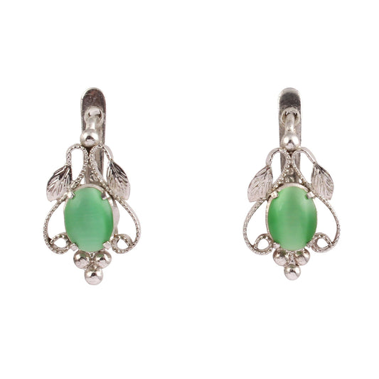 Green Cats Eye Earrings Handmade Prong Setting Designer Leaf Charm 925 Sterling Silver Earrings with Russian Lock