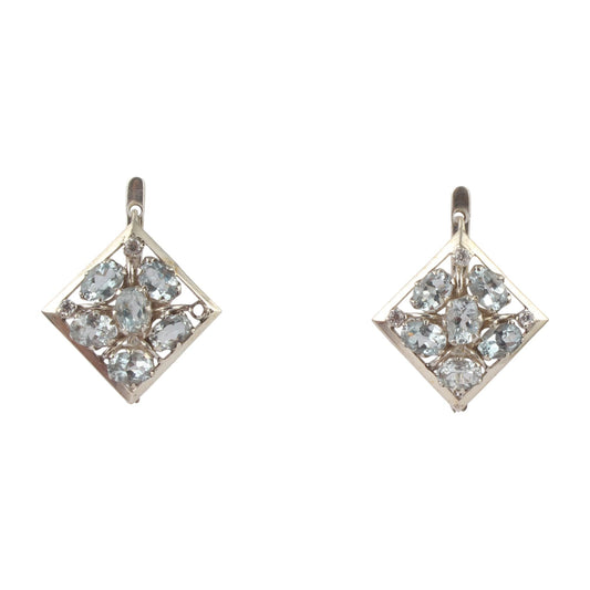 Vintage Inspired Blue Topaz Floral Earrings in Geometric Frame Handmade 925 Sterling Silver Gemstone Earrings