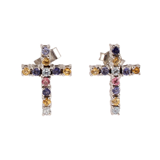 Multi Birthstone Cross Stud Earrings Handmade Prong Setting 925 Sterling Silver Stud Post Earrings Jewelry