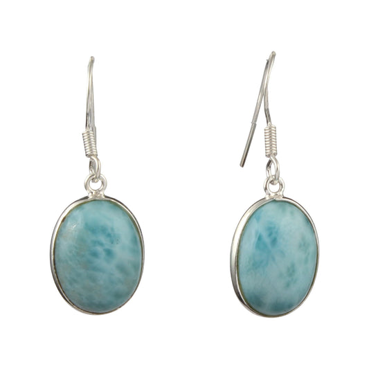 Natural Larimar Gemstone Earrings Handmade Oval Shape Dangle 925 Sterling Silver Bezel Setting Earrings (16x12mm Oval)