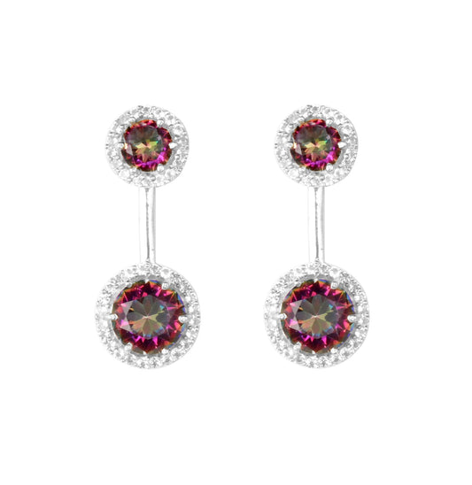 Round Mystic Topaz Earrings with CZ 925 Sterling Silver Handmade Cluster Gemstone Lightweight Dangle Earrings