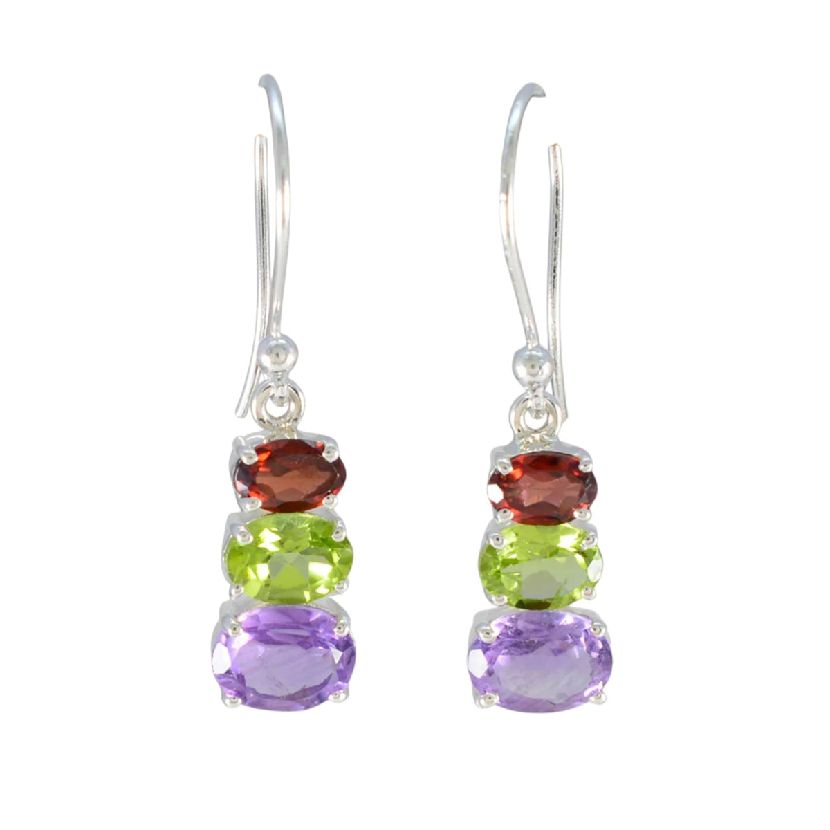 Garnet, Peridot & Amethyst Earrings Handmade 925 Sterling Silver Prong Setting Earrings Jewelry