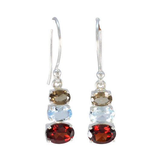 Smoky Quartz, Blue Topaz & Garnet Earrings Handmade 925 Sterling Silver Prong Setting Earrings Jewelry