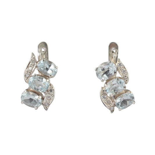 Trio Blue Topaz Earrings with CZ Studded Handmade 925 Sterling Silver Prong Setting Faceted Gemstone Earrings