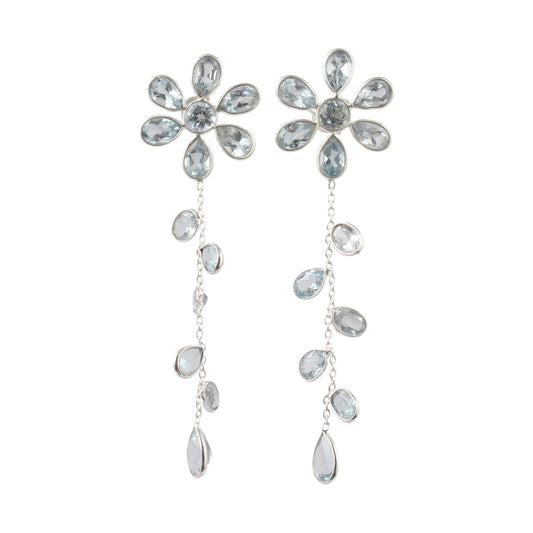 Floral Shape Long Dangle Blue Topaz Earrings Handmade 925 Sterling Silver Natural Faceted Gemstone Earrings